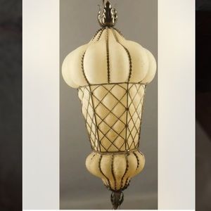 MID-CENTURY MODERN MURANO ITALY FROSTED GLASS CAGED 19” H PENDANT FIXTURE LIGHT